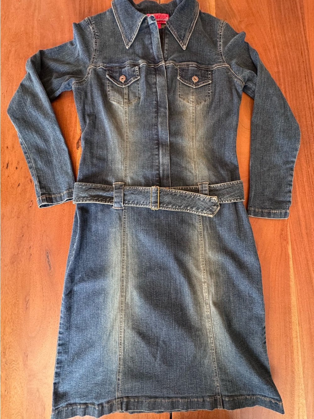 VTG Hot Kiss Y2K Denim Dress Long Sleeve Zip Belted Mini Grunge Western Large